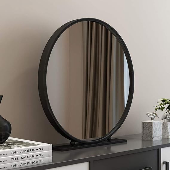 White Vanity Mirror with Stand, Countertop High Definition Tabletop Mirrors Metal Framed Large/Modern Dressing Table Beauty Cosmetic Mirror Makeup Mirror (Color : Black, Size : 60cm)