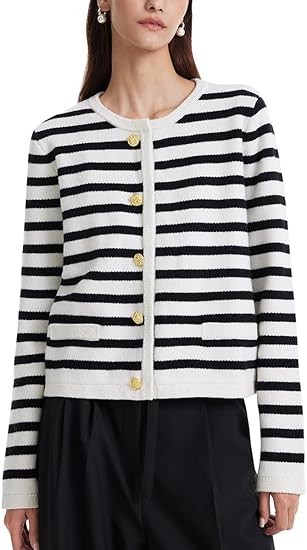 GOELIA Women's Striped Short Cardigan Sweater, Crewneck Button Up Knit Wool Sweaters