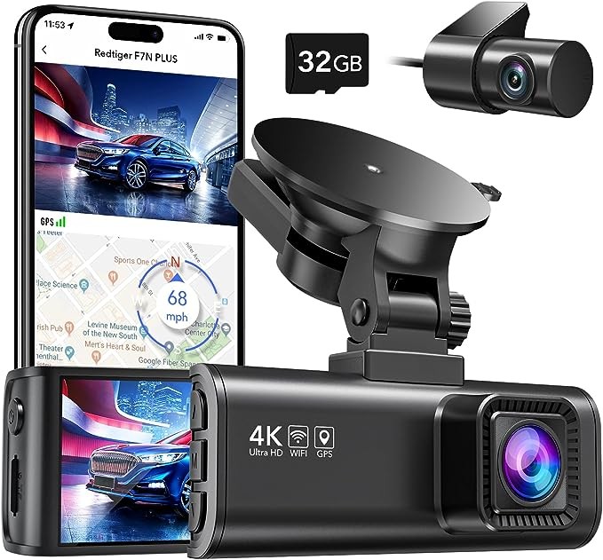 REDTIGER dash cam front and rear, 4K / 2.5K full HD dash cam, free 32GB SD card, built-in Wi-Fi GPS, 3.2-inch IPS screen, night vision, 170° wide angle, WDR, 24-hour parking mode