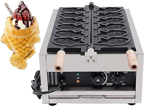 DYRABREST Taiyaki Fish Waffle Maker,Electric Commercial Fish Waffle Maker, 6Pcs Non-stick Stainless Steel Waffle Iron Baker Machine for Restaurant Cafe Snack Shop Food Stall