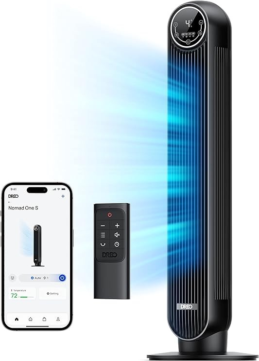 Dreo Tower Fan for Bedroom, Smart Oscillating Quiet Floor Fans, Standing Bladeless Fan with Remote and WiFi Voice Control, 4 Modes, 4 Speeds, 8H Timer, Works with Alexa/Google