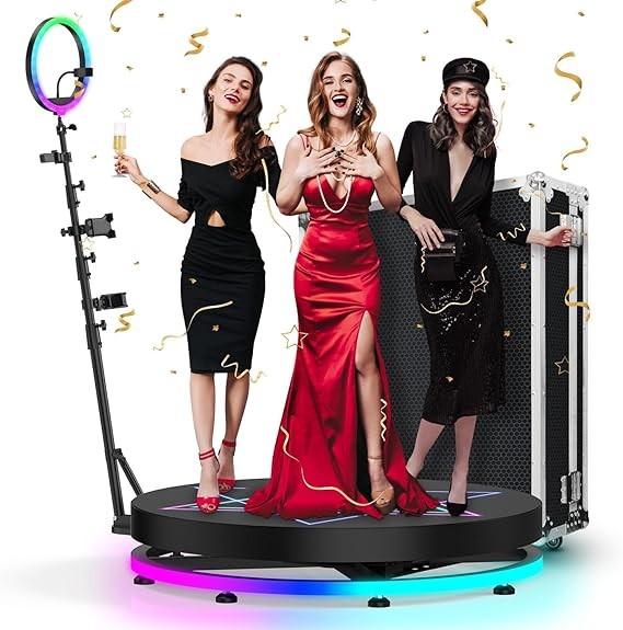 MBOBAO 360 Photo Booth Machine with RGB Ring Light,Free Custom Logo, 360 Video Camera Booth Selfie Platform for Live Streaming Wedding Birthday Events Exhibitions (31.5" for 1-4 People+Flight Case)