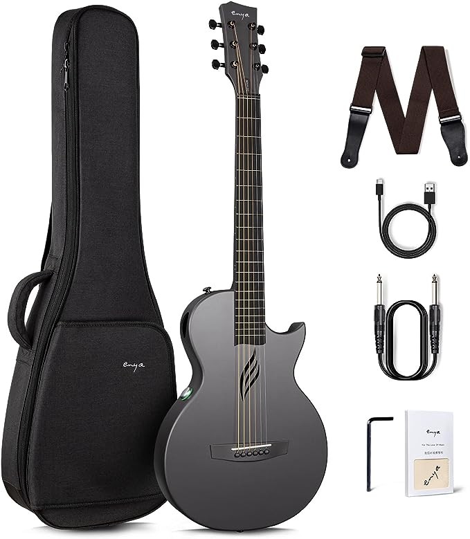 Enya NOVA Go SP1 Carbon Fiber Acoustic Electric Guitar with Smart AcousticPlus 35 Inch Travel Acustica Guitarra Starter Bundle Kit of Gig Bag, Strap, Strings, Charging/ Instrument Cable(Black)