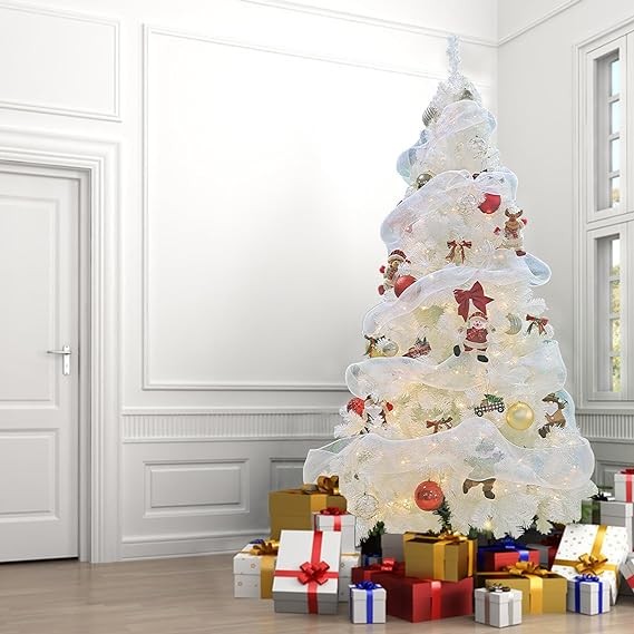 MKSY 9FT Artificial Christmas Tree, Full Premium Hinged Artificial Pine Tree with 1850 Branch Tips Metal Stand for Outdoor & Indoor (White)